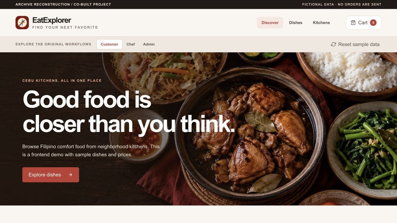 EatExplorer demo homepage showing Filipino dishes and sample kitchen menus