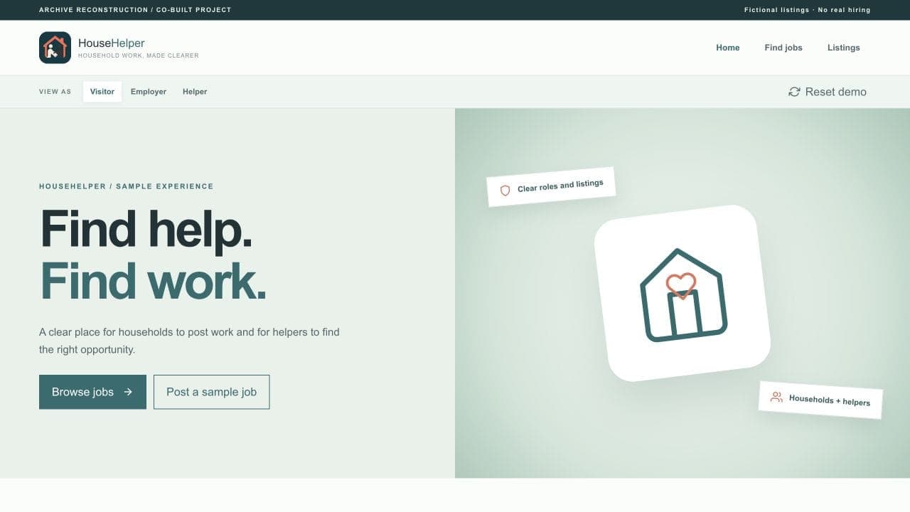 HouseHelper demo homepage showing fictional household job listings