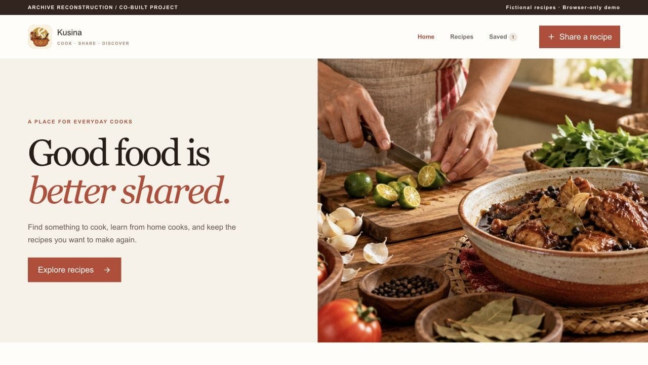 Kusina demo homepage showing sample Filipino recipes and food photography