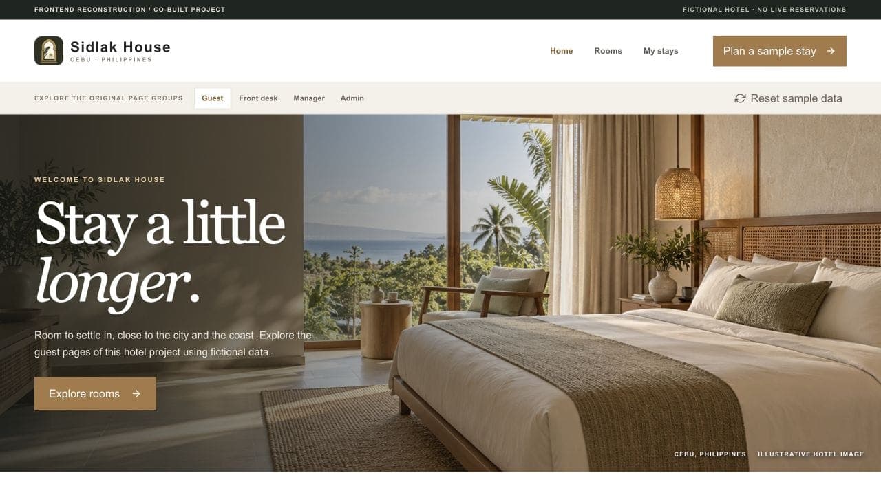 Sidlak House demo homepage showing hotel rooms and a sample stay flow